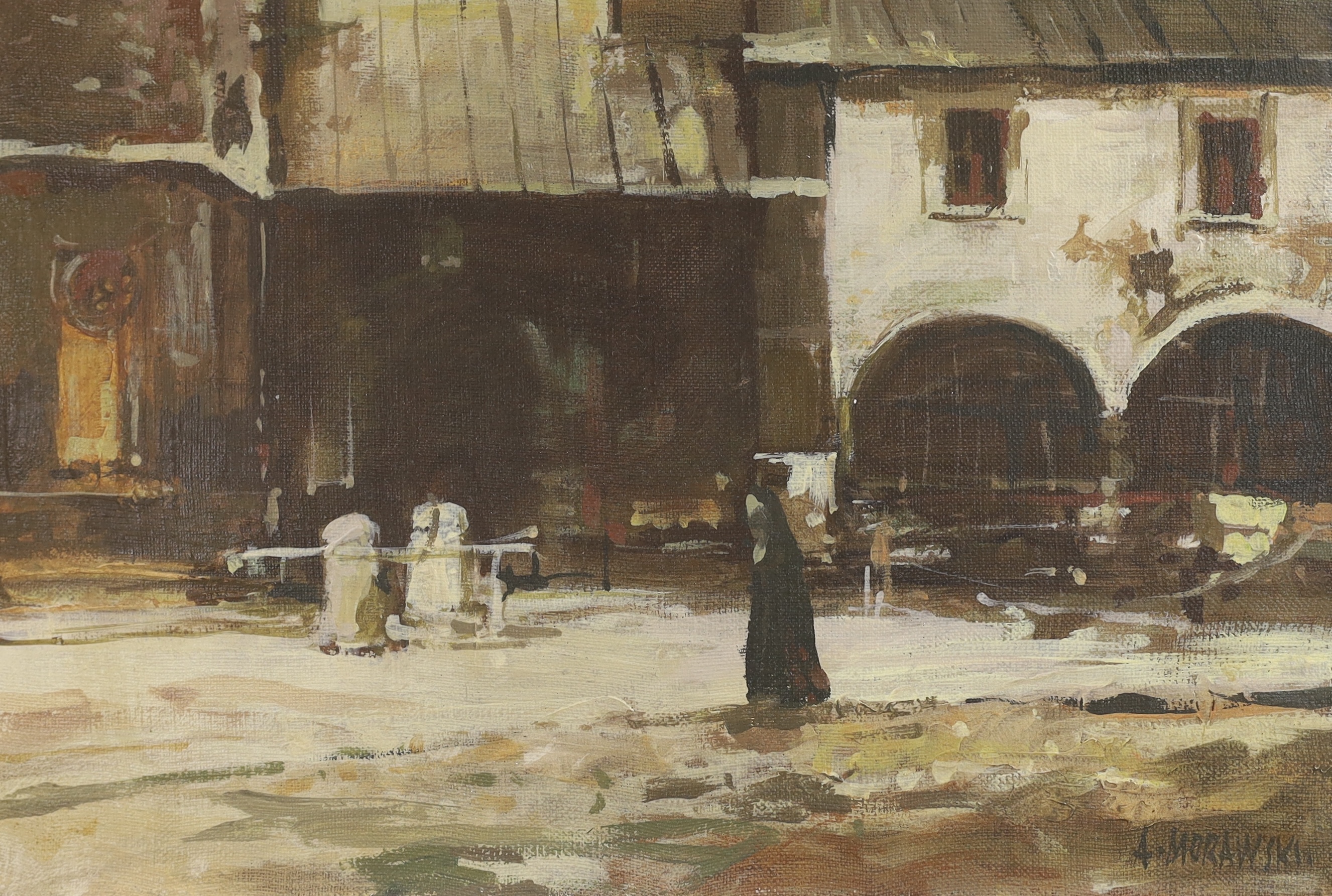 A Morawski, oil on canvas, Jewish Quarter, Krackow, Poland, signed, 24 x 35cm, unframed